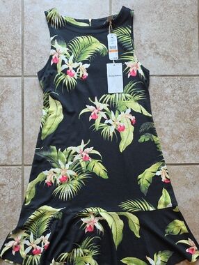 Tropical Floral Sleeveless Ruffle-Hem Dress - Black with Green & Pink